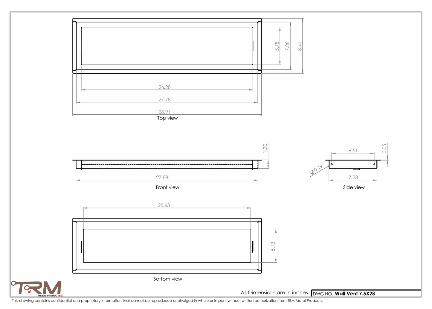 7.5x28 - Wall Vent - Modern Vent Cover -  Return Air Vent - TRM Metal  28x7.5