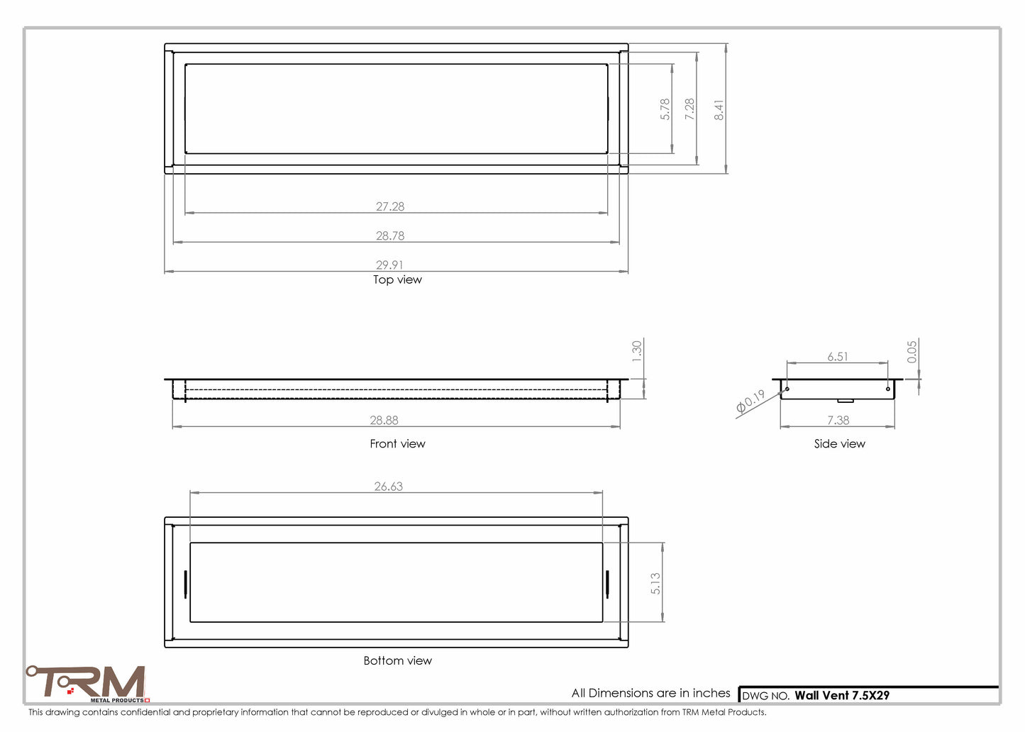 7.5x29 - Wall Vent - Modern Vent Cover -  Return Air Vent - TRM Metal  29x7.5