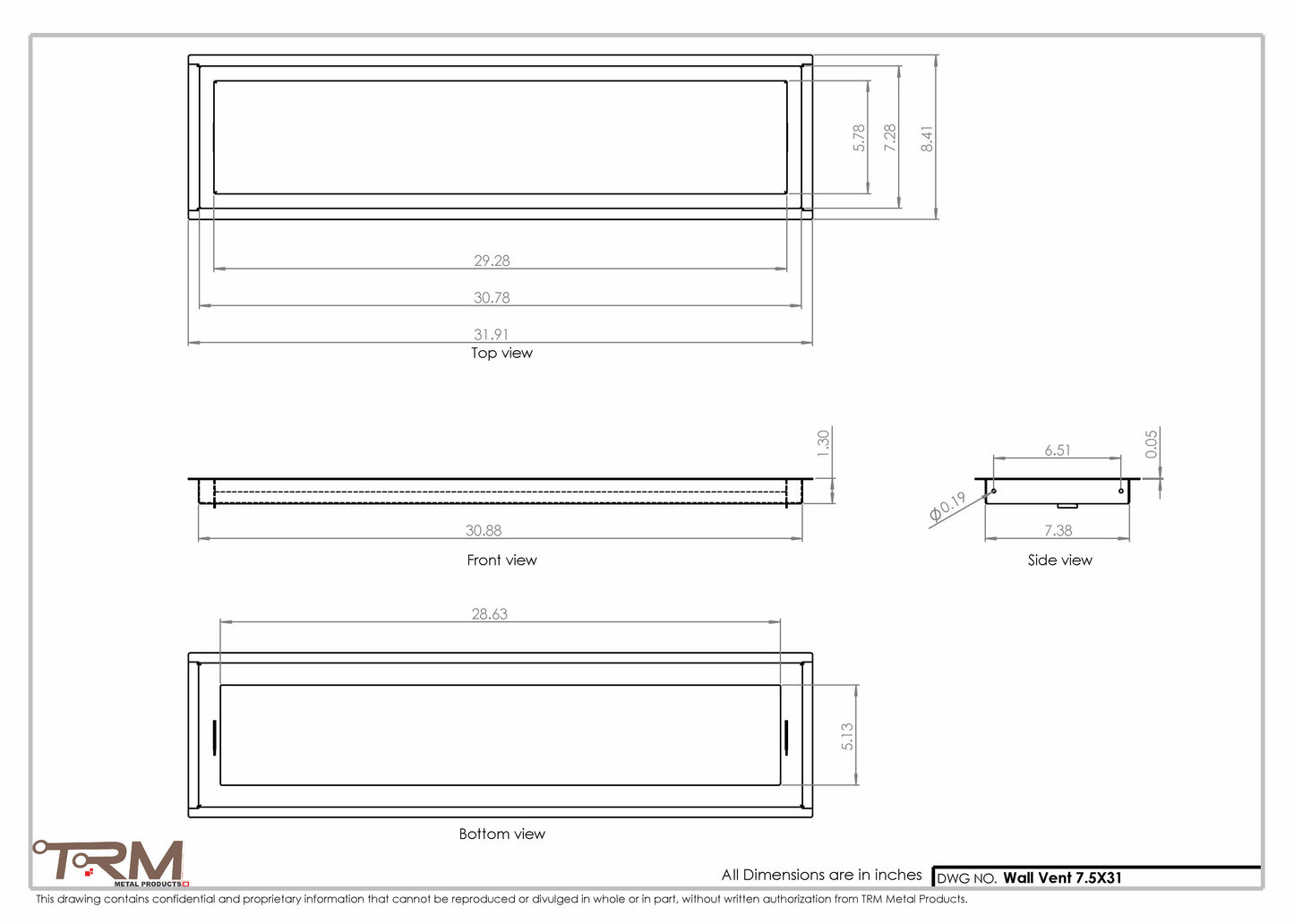 7.5x31 - Wall Vent - Modern Vent Cover -  Return Air Vent - TRM Metal  31x7.5