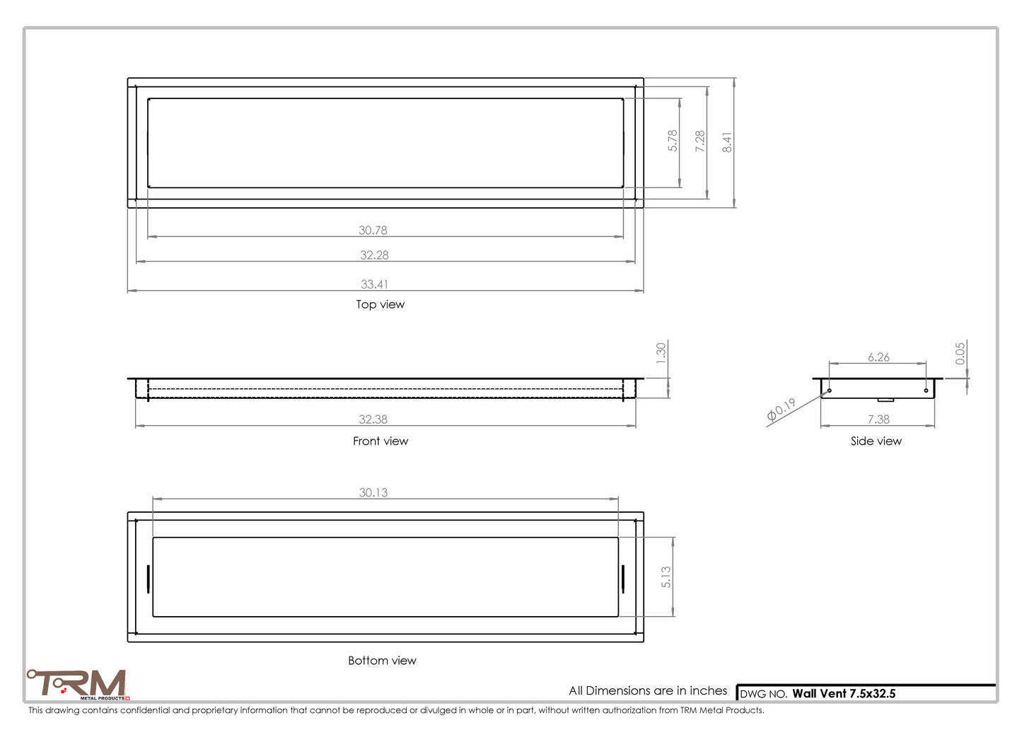 7.5x32.5 - Wall Vent - Modern Vent Cover -  Return Air Vent - TRM Metal  32.5x7.5