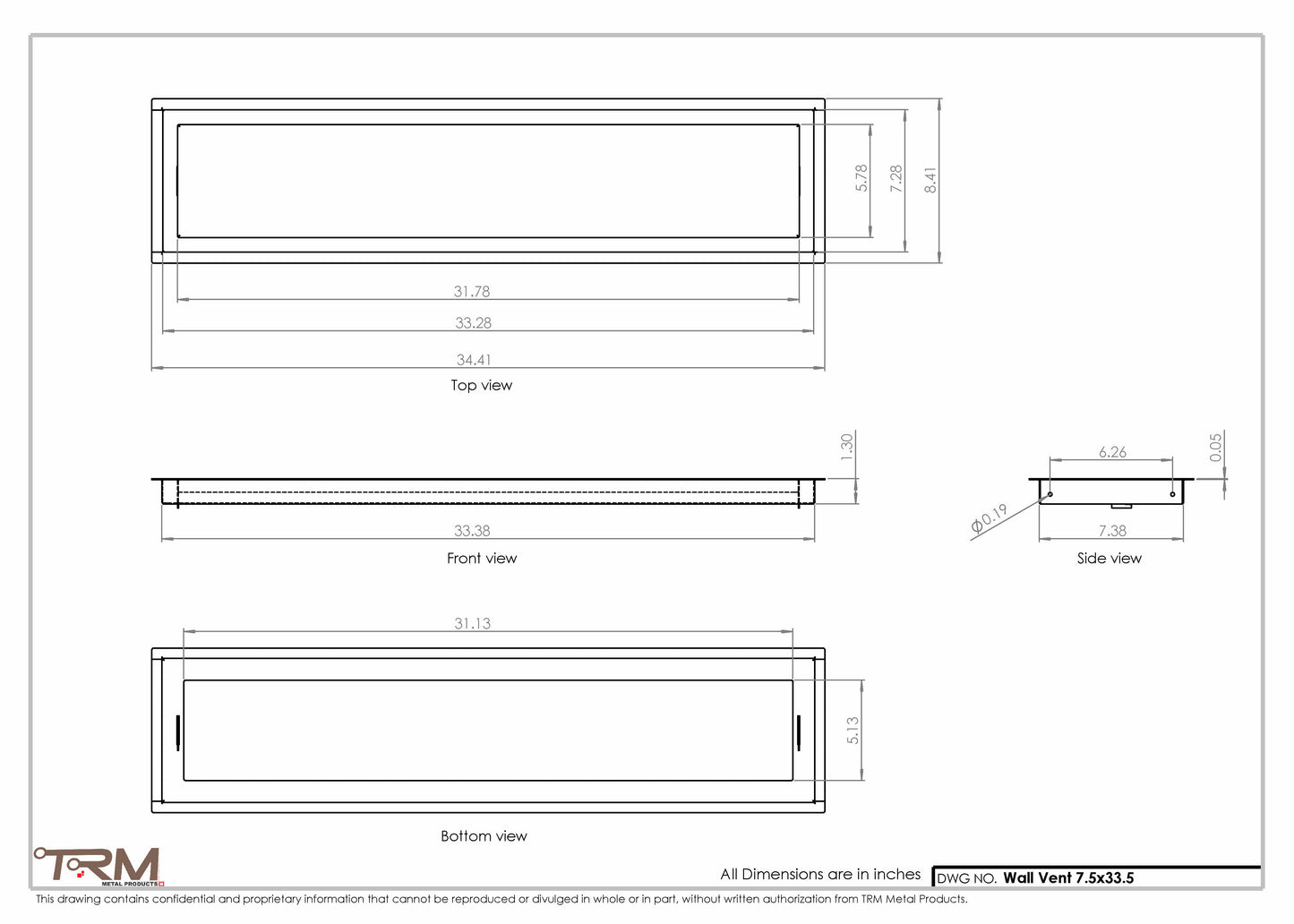 7.5x33.5 - Wall Vent - Modern Vent Cover -  Return Air Vent - TRM Metal  33.5x7.5