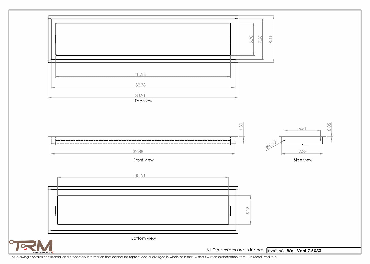 7.5x33 - Wall Vent - Modern Vent Cover -  Return Air Vent - TRM Metal  33x7.5