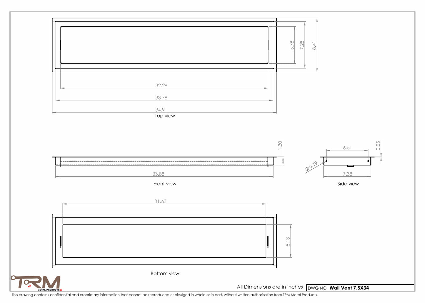 7.5x34 - Wall Vent - Modern Vent Cover -  Return Air Vent - TRM Metal  34x7.5
