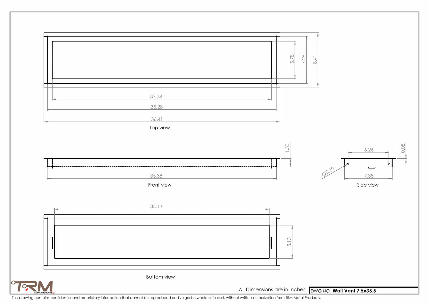 7.5x35.5 - Wall Vent - Modern Vent Cover -  Return Air Vent - TRM Metal  35.5x7.5
