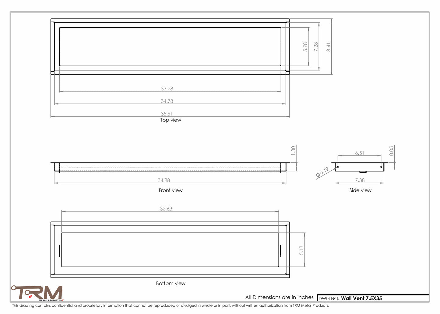 7.5x35 - Wall Vent - Modern Vent Cover -  Return Air Vent - TRM Metal  35x7.5