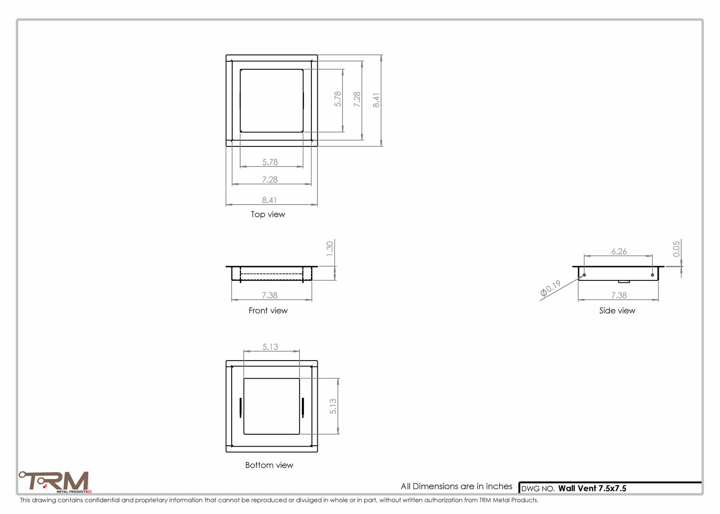 7.5x7.5 - Wall Vent - Modern Vent Cover -  Return Air Vent - TRM Metal  7.5x7.5