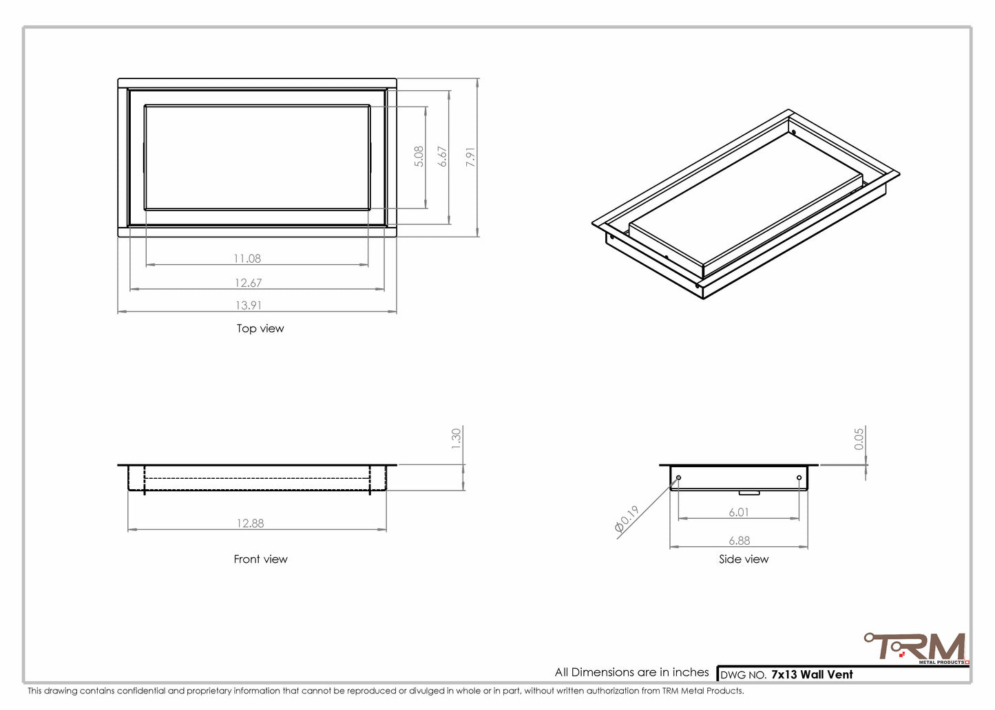 7x13 - Wall Vent - Modern Vent Cover -  Return Air Vent - TRM Metal  13x7