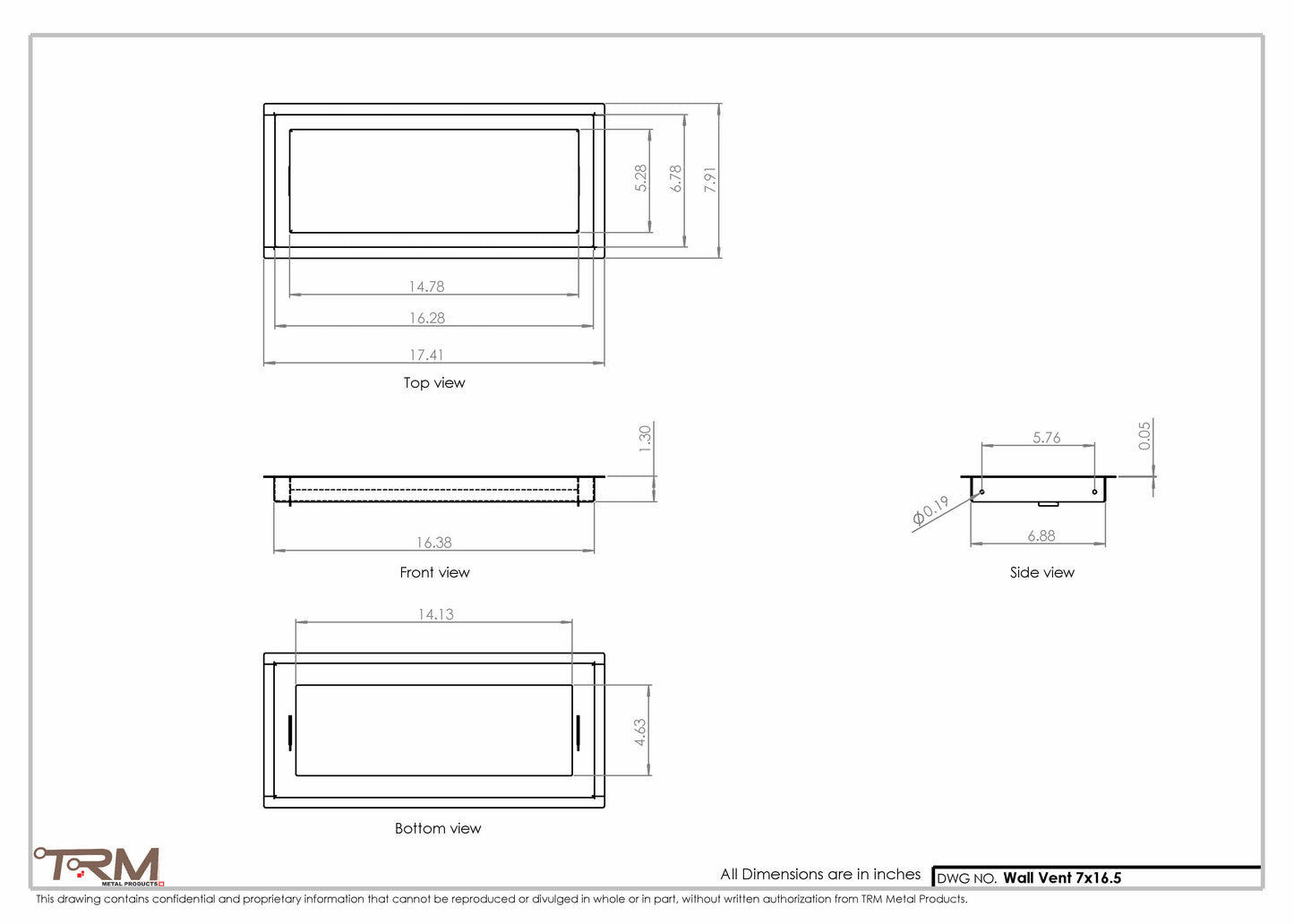 7x16.5 - Wall Vent - Modern Vent Cover -  Return Air Vent - TRM Metal  16.5x7