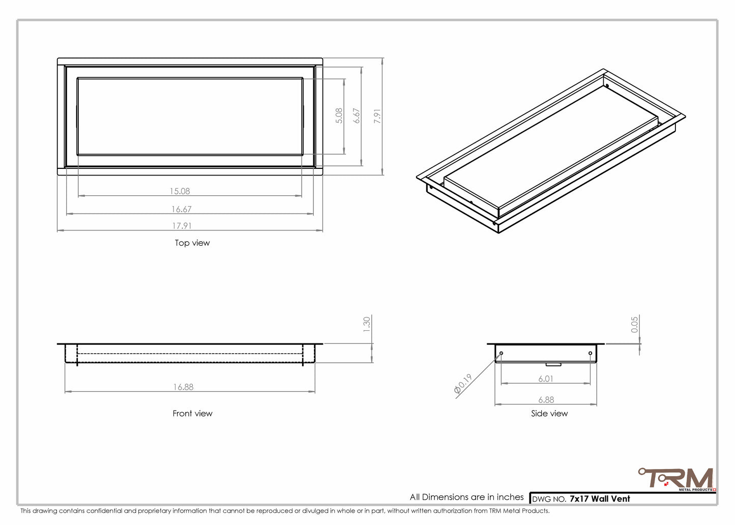 7x17 - Wall Vent - Modern Vent Cover -  Return Air Vent - TRM Metal  17x7