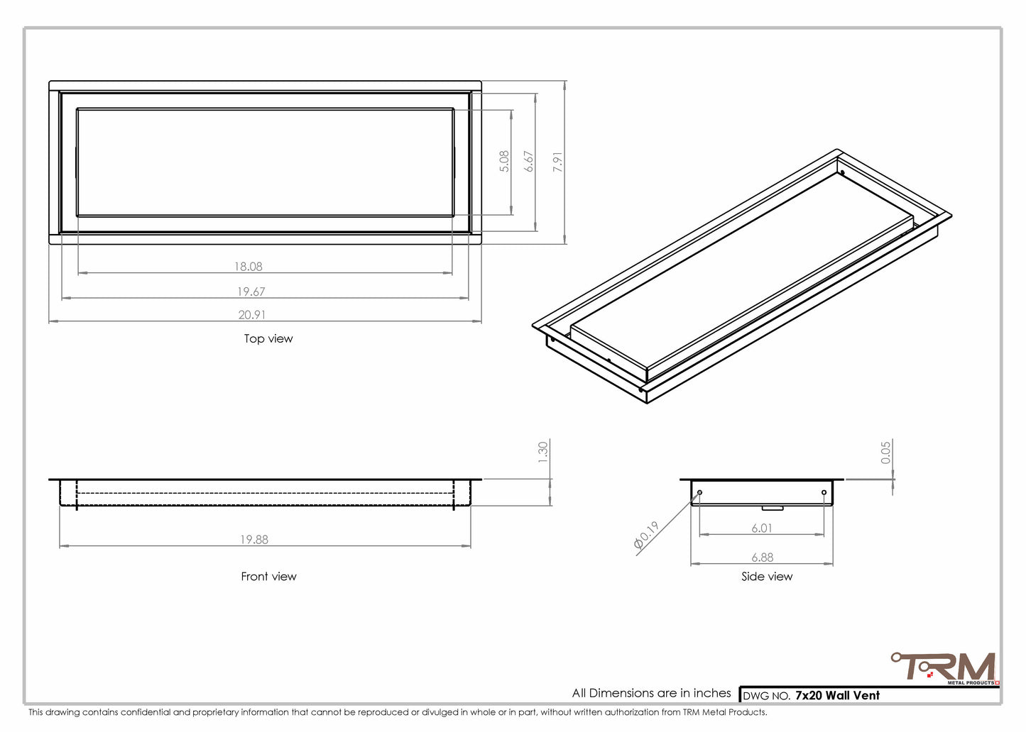 7x20 - Wall Vent - Modern Vent Cover -  Return Air Vent - TRM Metal  20x7