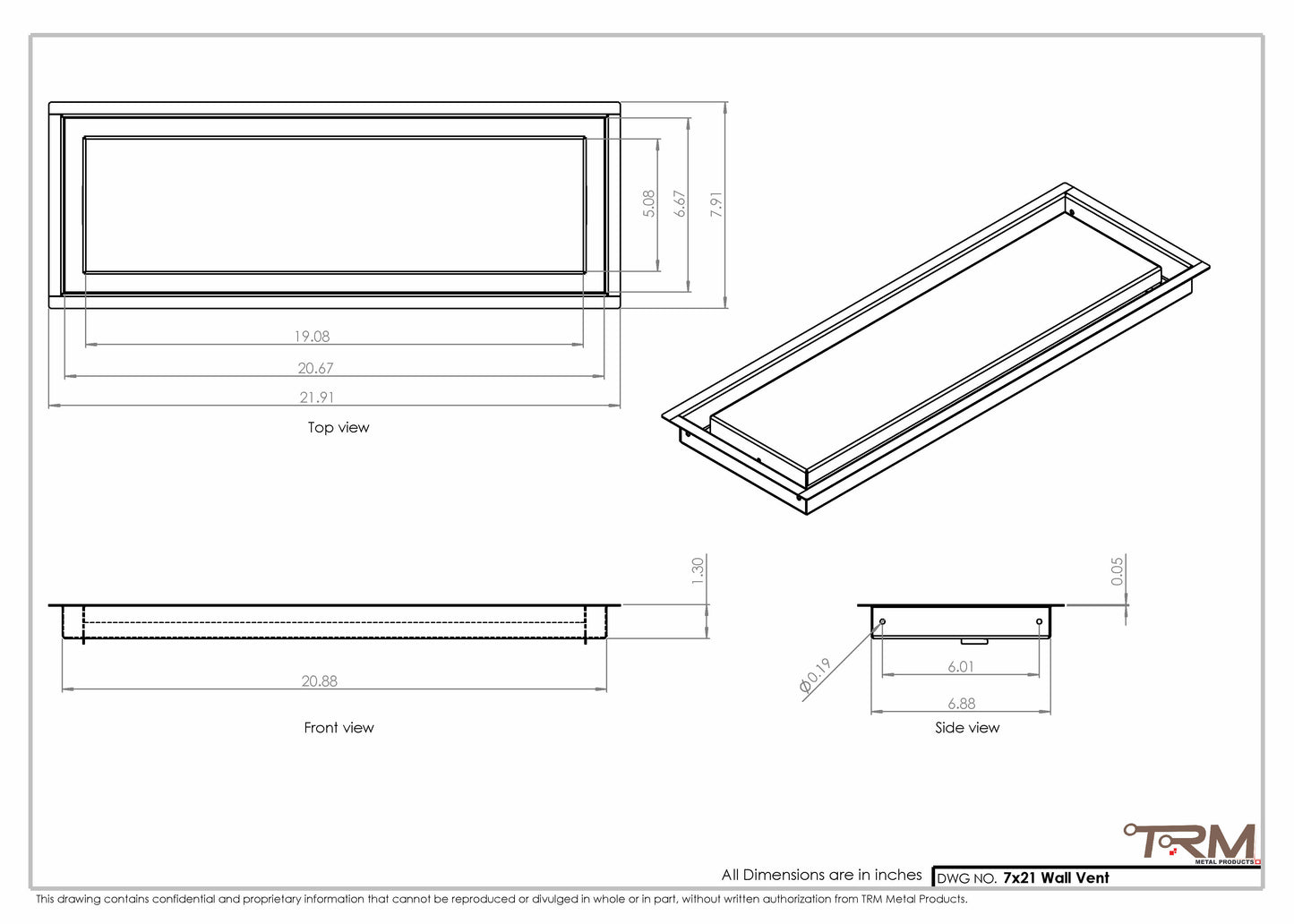 7x21 - Wall Vent - Modern Vent Cover -  Return Air Vent - TRM Metal  21x7