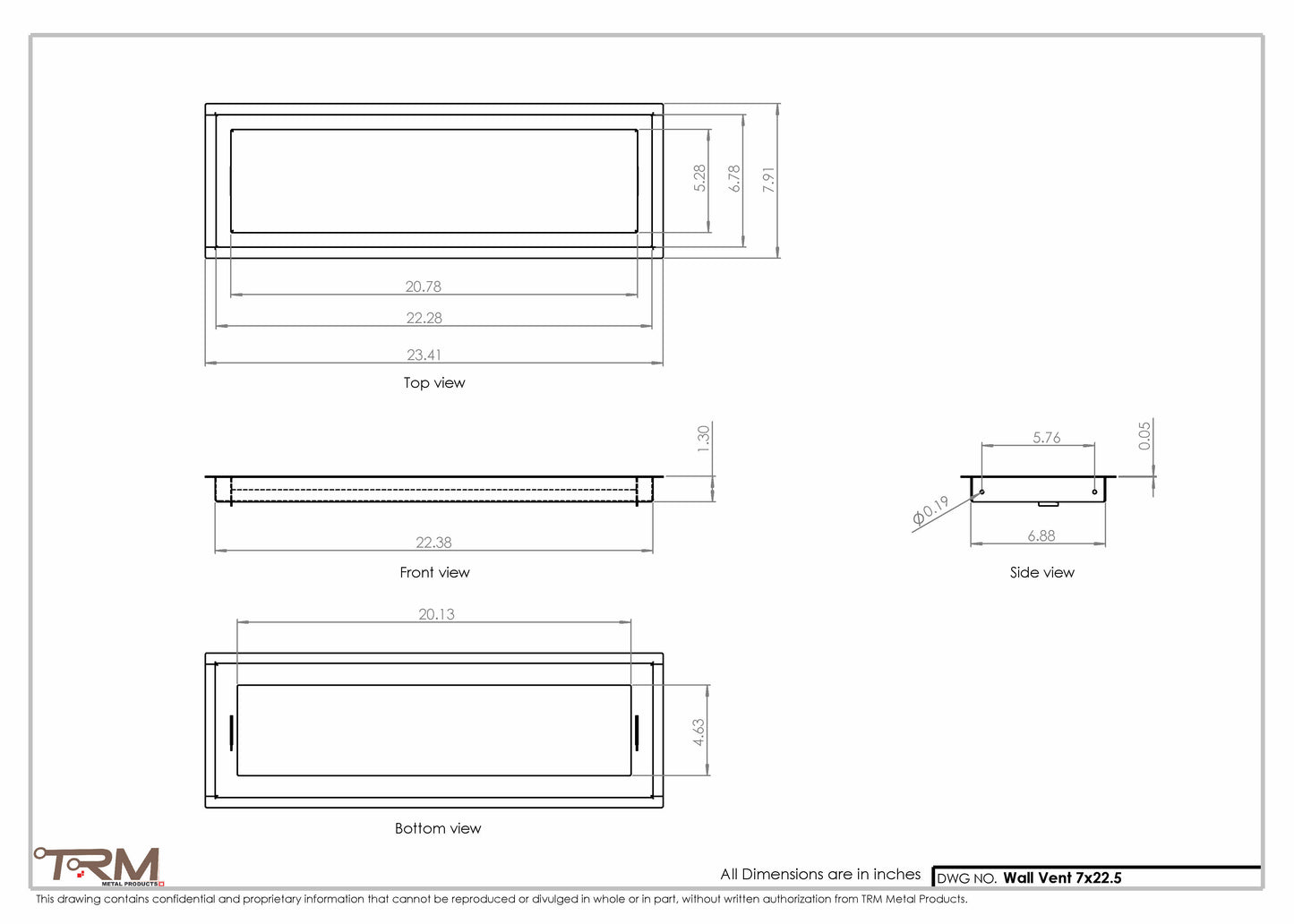 7x22.5 - Wall Vent - Modern Vent Cover -  Return Air Vent - TRM Metal  22.5x7
