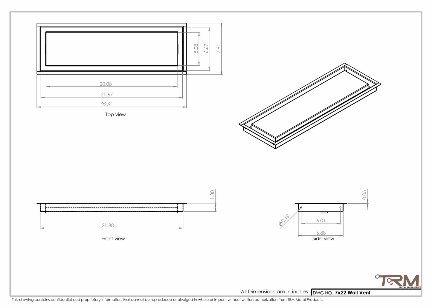 7x22 - Wall Vent - Modern Vent Cover -  Return Air Vent - TRM Metal  22x7