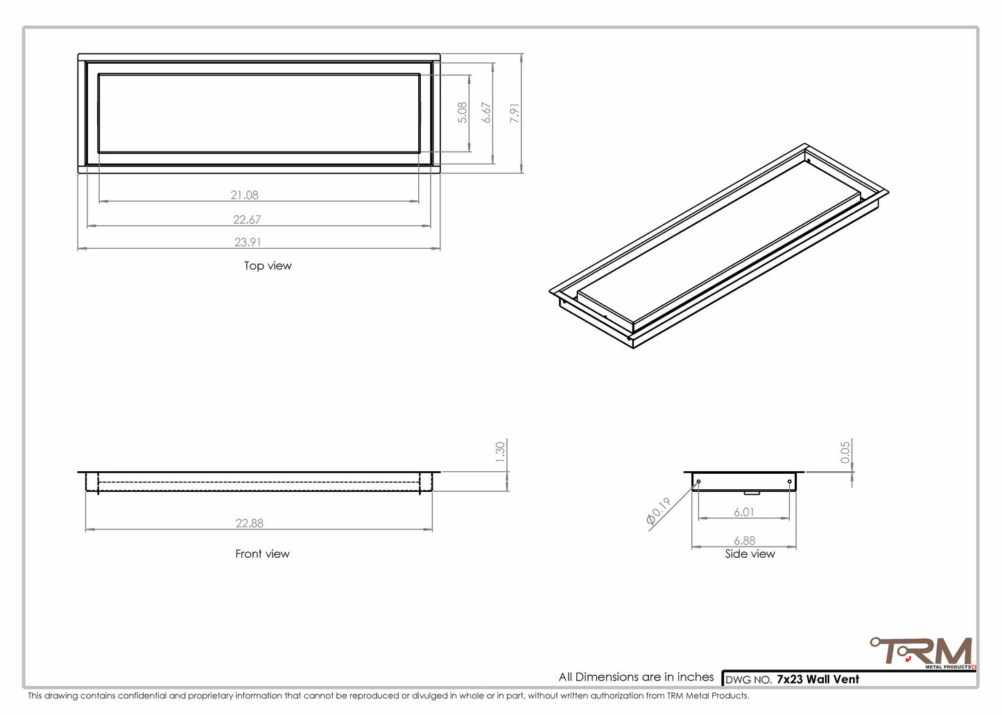 7x23 - Wall Vent - Modern Vent Cover -  Return Air Vent - TRM Metal  23x7