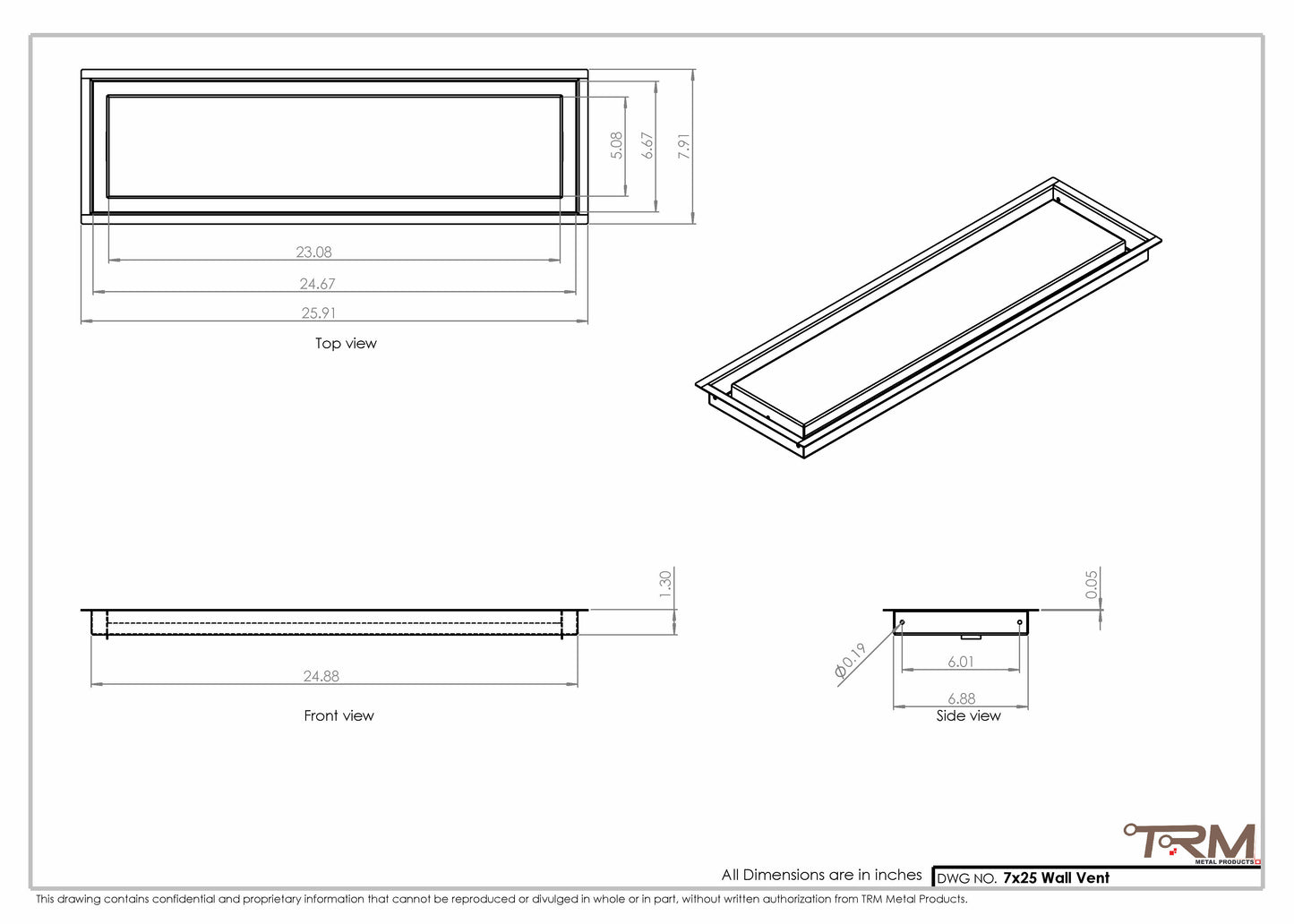 7x25 - Wall Vent - Modern Vent Cover -  Return Air Vent - TRM Metal  25x7