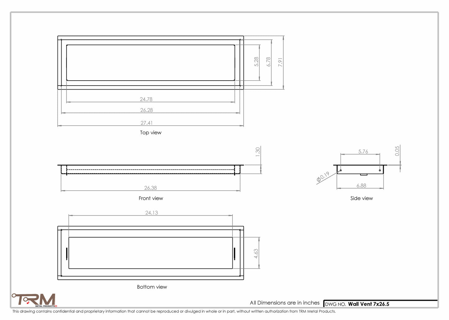 7x26.5 - Wall Vent - Modern Vent Cover -  Return Air Vent - TRM Metal  26.5x7