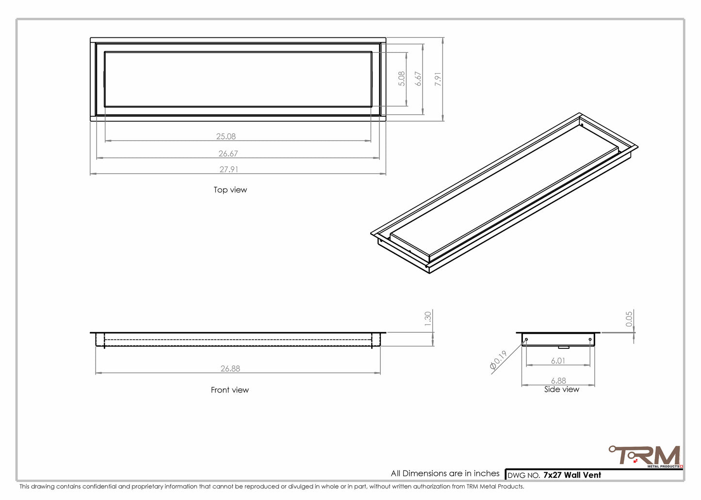 7x27 - Wall Vent - Modern Vent Cover -  Return Air Vent - TRM Metal  27x7