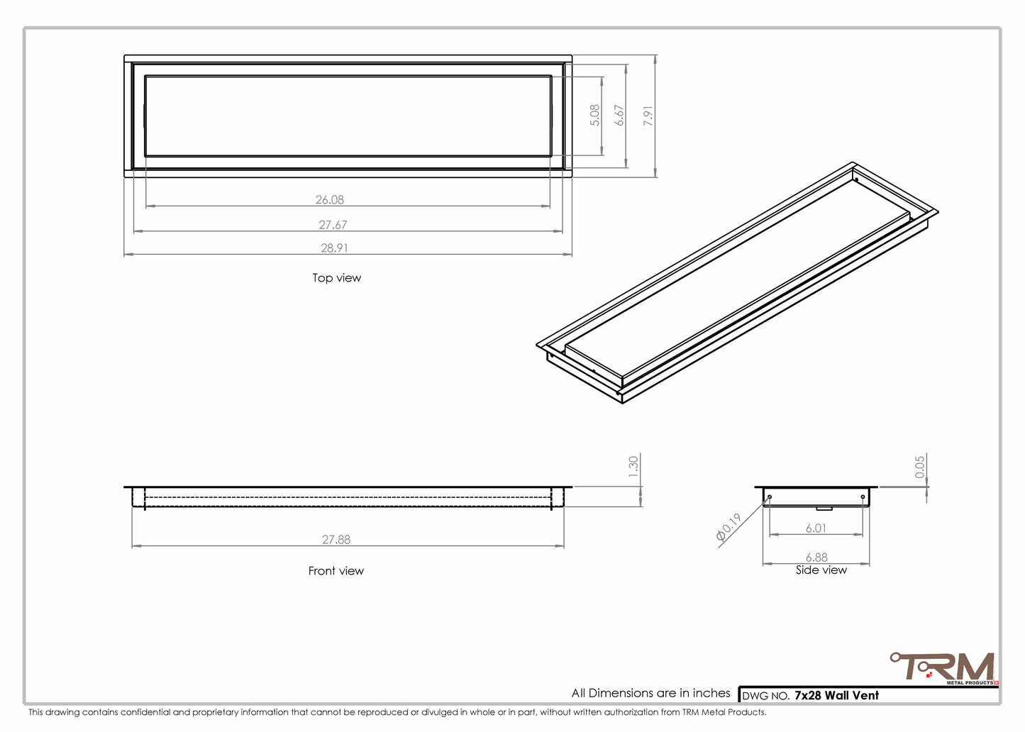 7x28 - Wall Vent - Modern Vent Cover -  Return Air Vent - TRM Metal  28x7