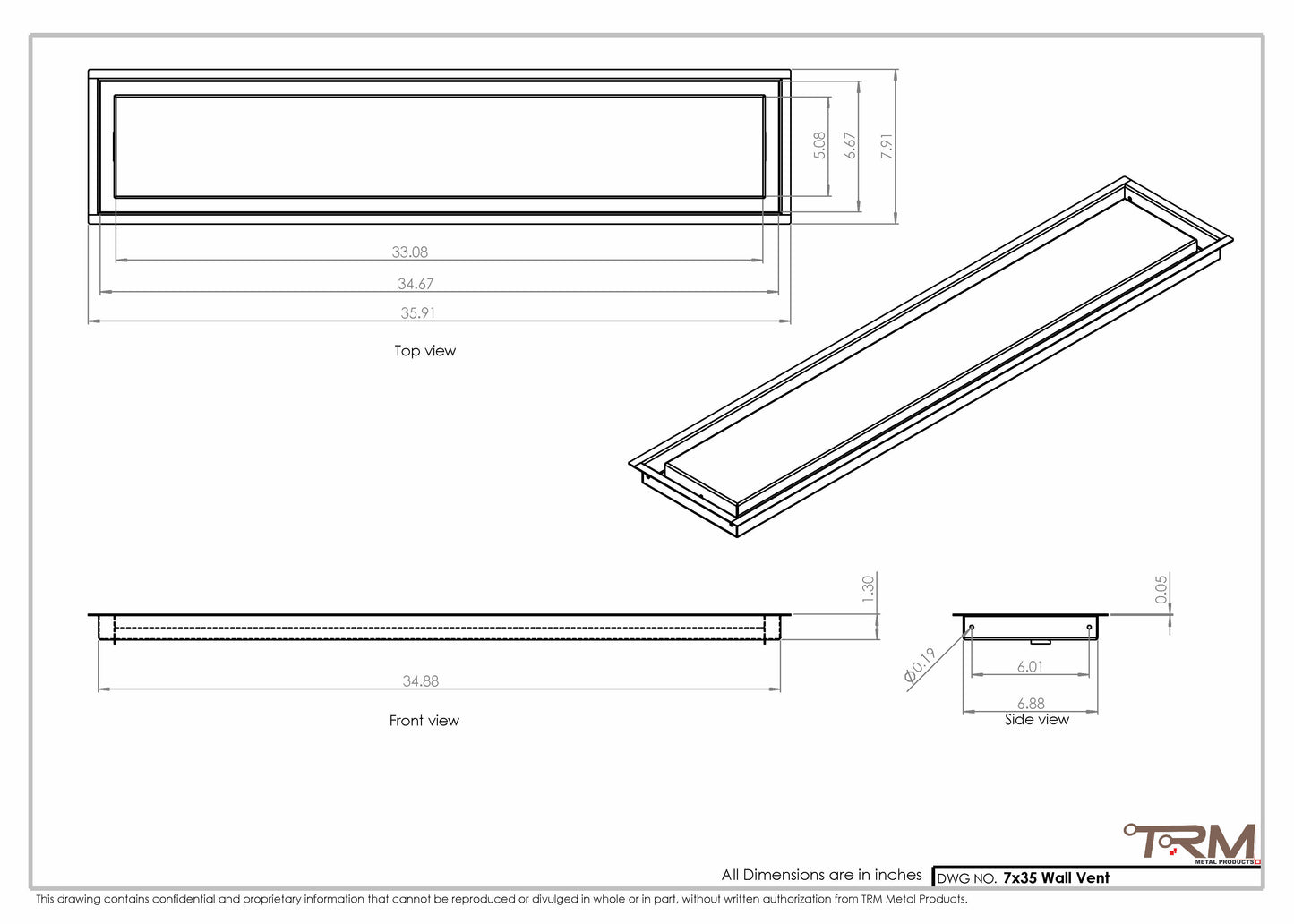 7x35 - Wall Vent - Modern Vent Cover -  Return Air Vent - TRM Metal  35x7