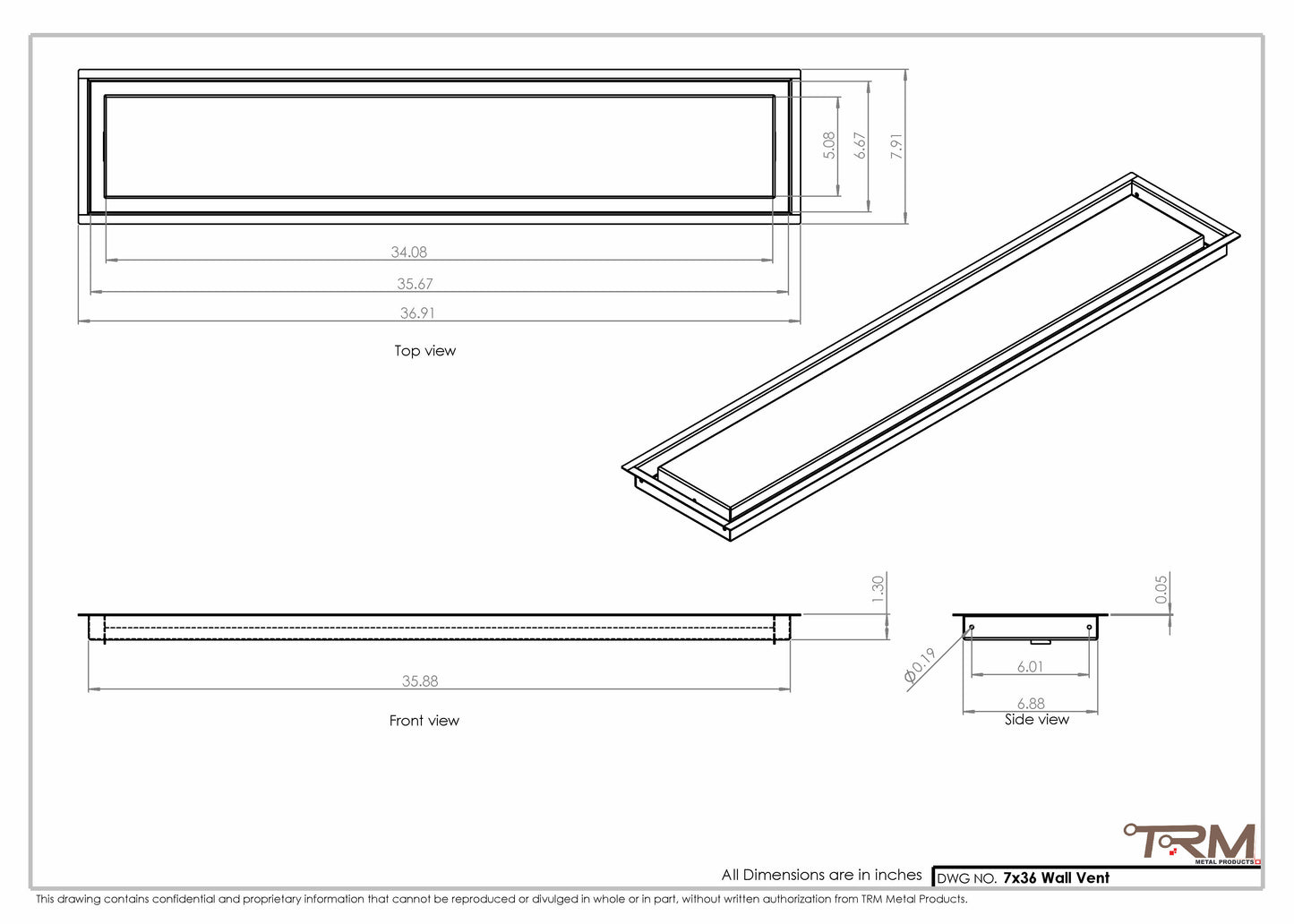 7x36 - Wall Vent - Modern Vent Cover -  Return Air Vent - TRM Metal  36x7