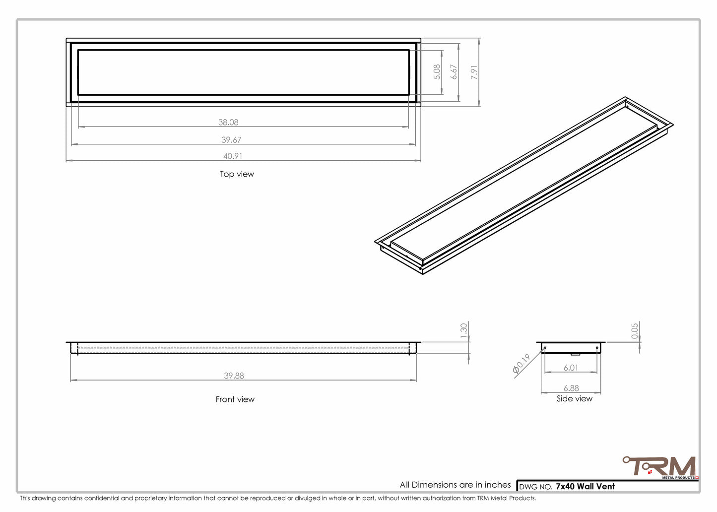 7x40 - Wall Vent - Modern Vent Cover -  Return Air Vent - TRM Metal  40x7