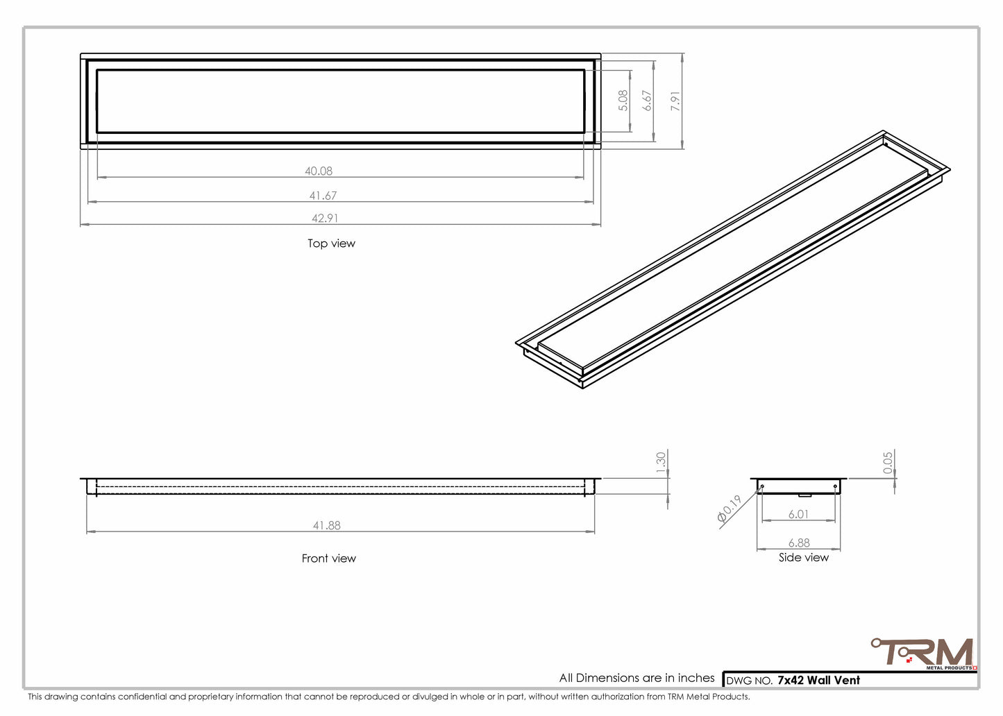 7x42 - Wall Vent - Modern Vent Cover -  Return Air Vent - TRM Metal  42x7