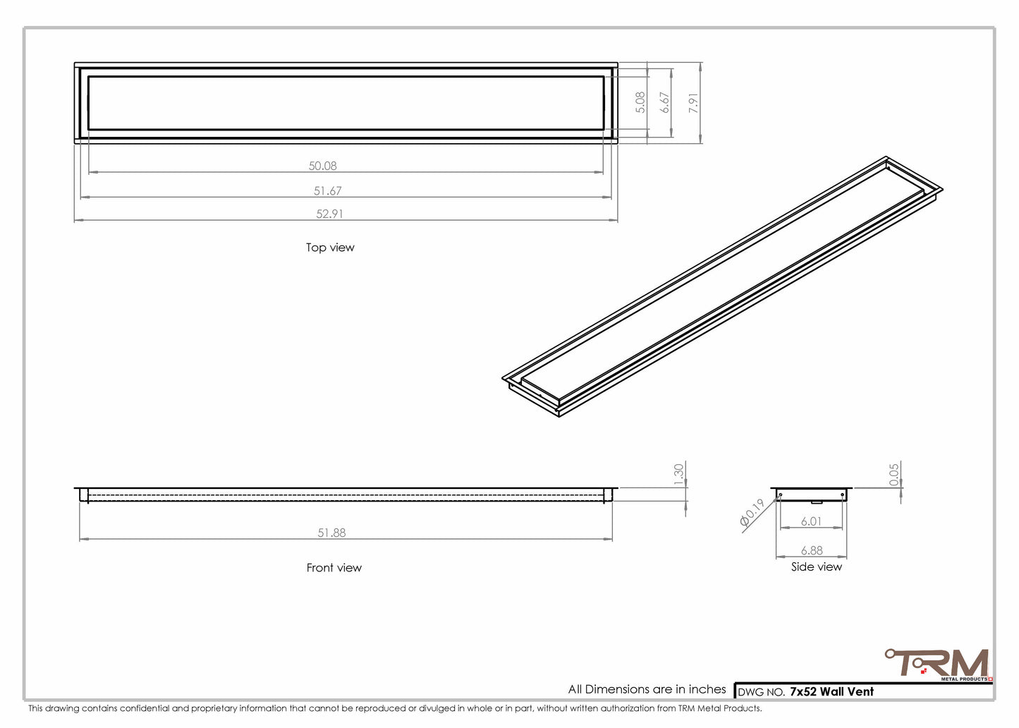 7x52 - Wall Vent - Modern Vent Cover -  Return Air Vent - TRM Metal  52x7