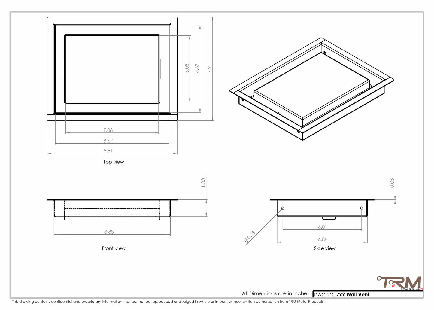 7x9 - Wall Vent - Modern Vent Cover -  Return Air Vent - TRM Metal  9x7