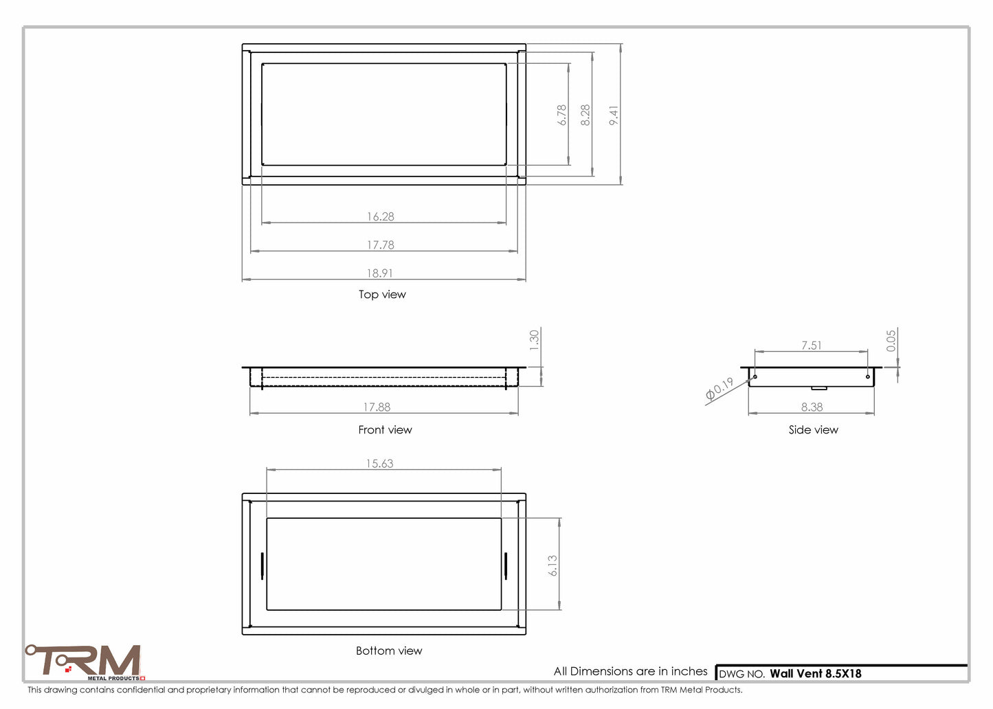 8.5x18 - Wall Vent - Modern Vent Cover -  Return Air Vent - TRM Metal  18x8.5