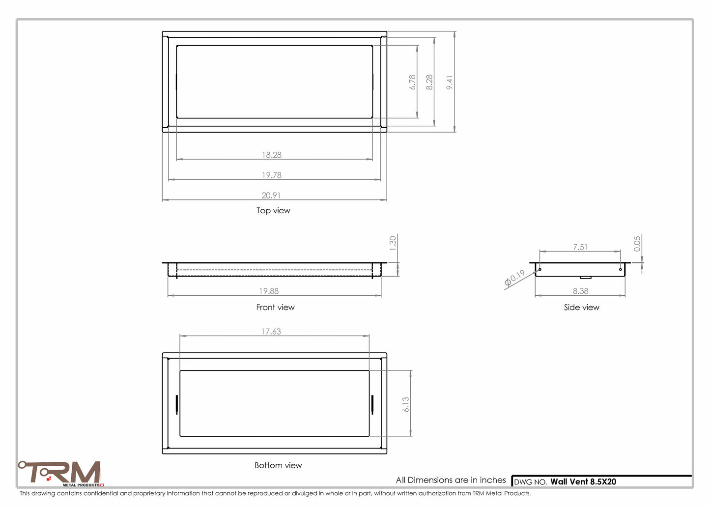 8.5x20 - Wall Vent - Modern Vent Cover -  Return Air Vent - TRM Metal  20x8.5