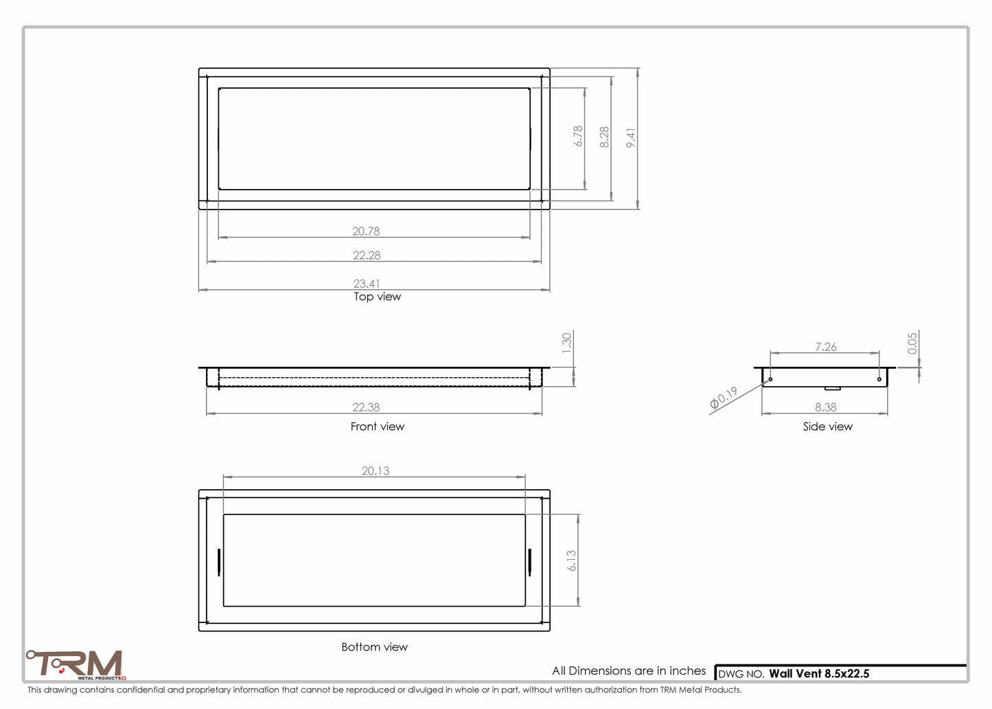 8.5x22.5 - Wall Vent - Modern Vent Cover -  Return Air Vent - TRM Metal  22.5x8.5