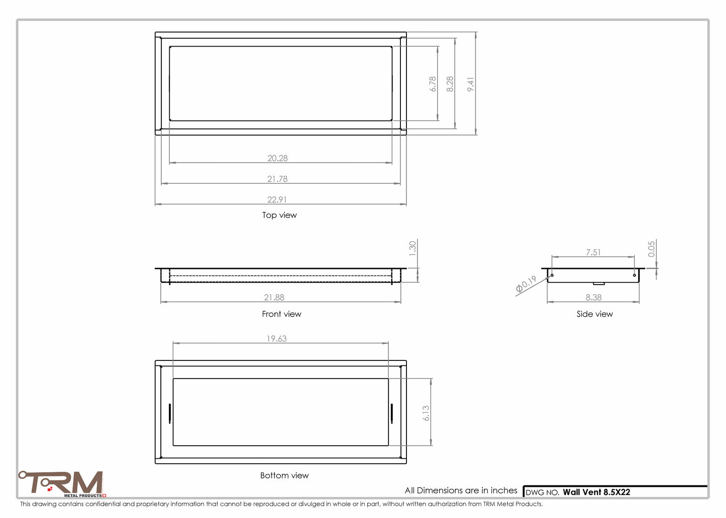 8.5x22 - Wall Vent - Modern Vent Cover -  Return Air Vent - TRM Metal  22x8.5