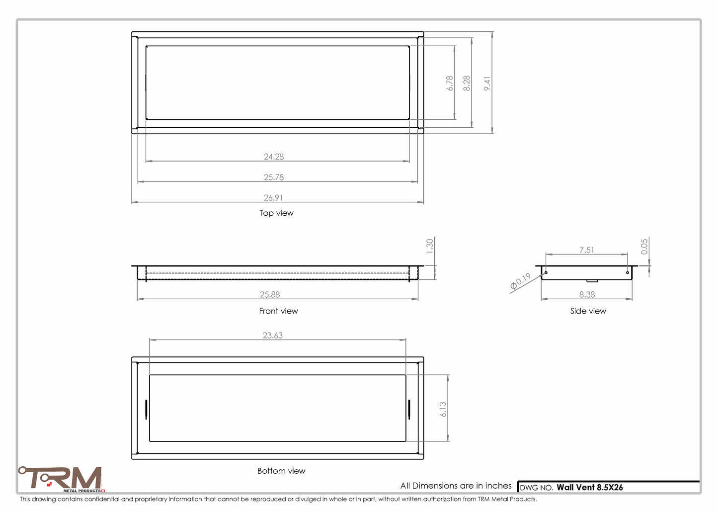8.5x26 - Wall Vent - Modern Vent Cover -  Return Air Vent - TRM Metal  26x8.5