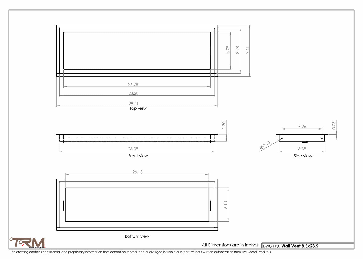 8.5x28.5 - Wall Vent - Modern Vent Cover -  Return Air Vent - TRM Metal  28.5x8.5