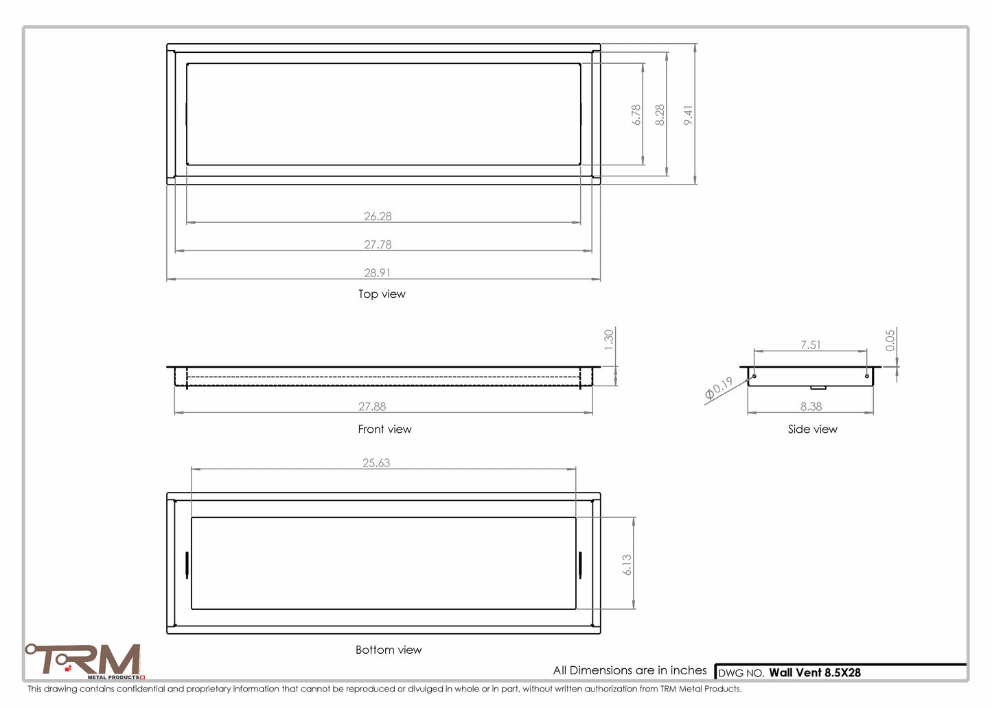 8.5x28 - Wall Vent - Modern Vent Cover -  Return Air Vent - TRM Metal  28x8.5