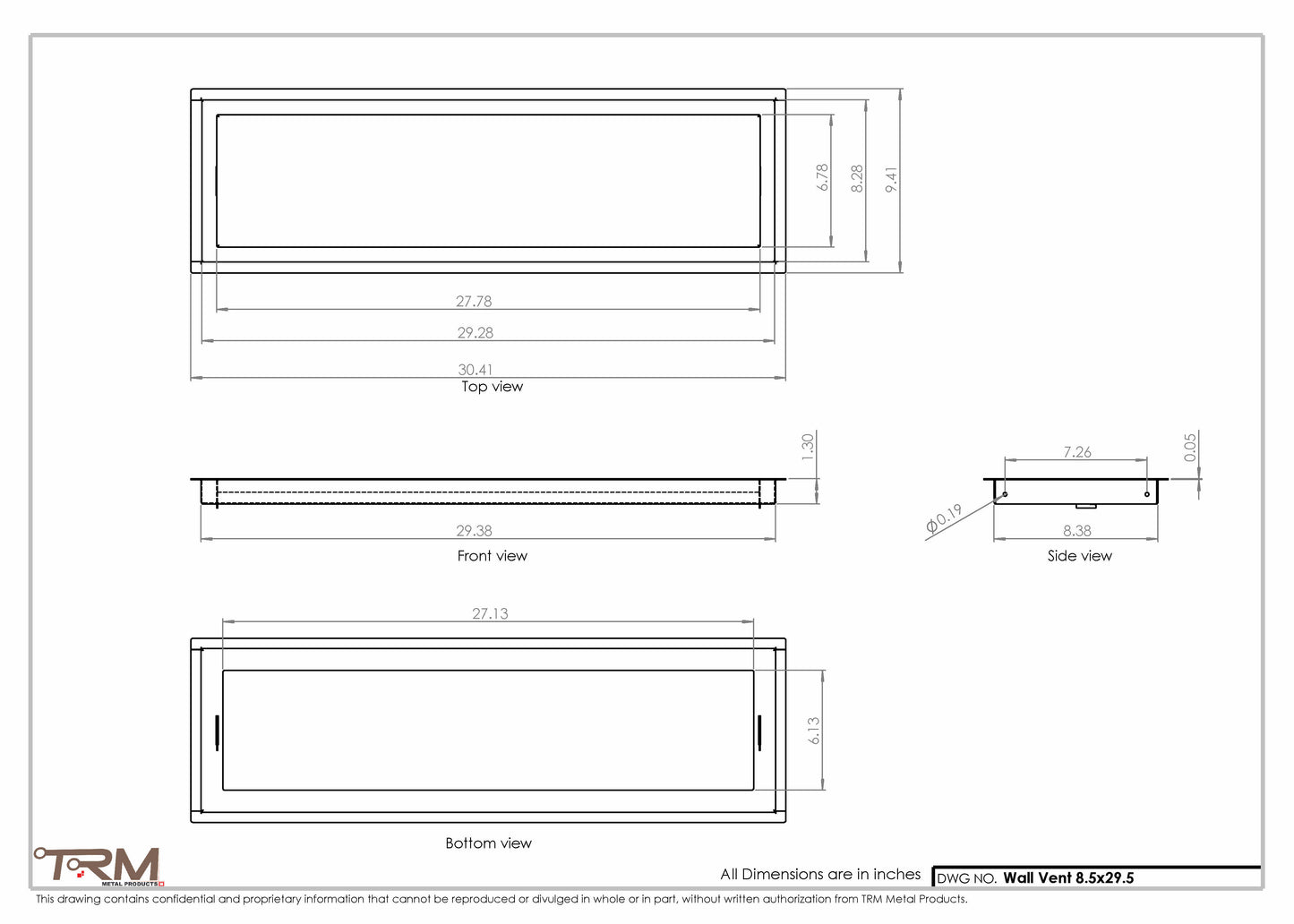 8.5x29.5 - Wall Vent - Modern Vent Cover -  Return Air Vent - TRM Metal  29.5x8.5