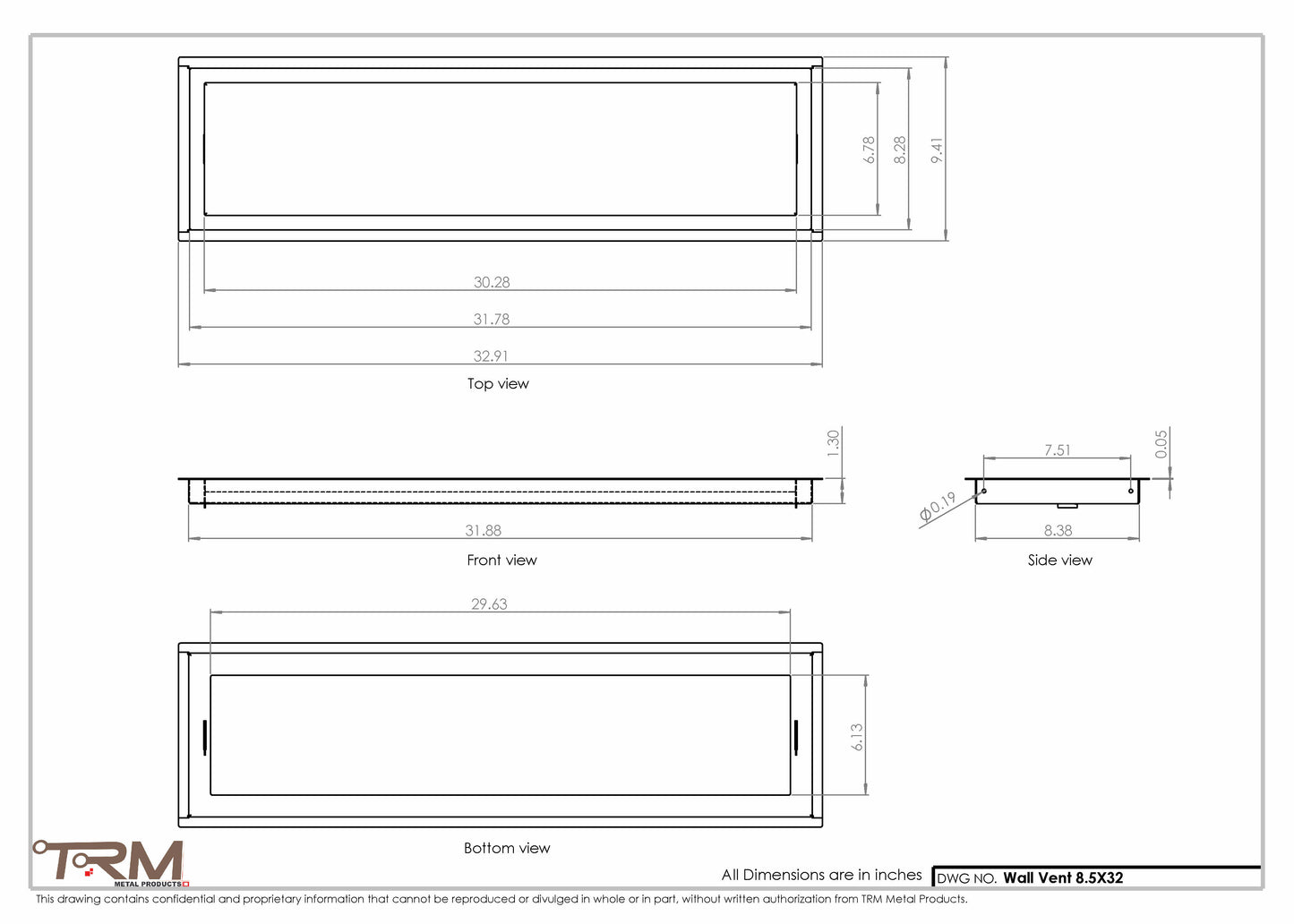 8.5x32 - Wall Vent - Modern Vent Cover -  Return Air Vent - TRM Metal  32x8.5
