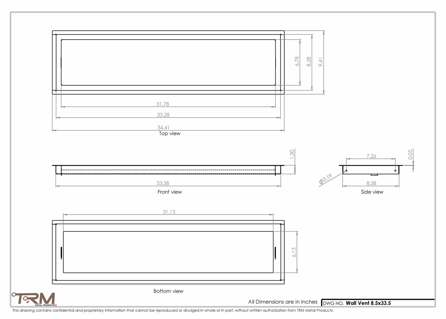 8.5x33.5 - Wall Vent - Modern Vent Cover -  Return Air Vent - TRM Metal  33.5x8.5