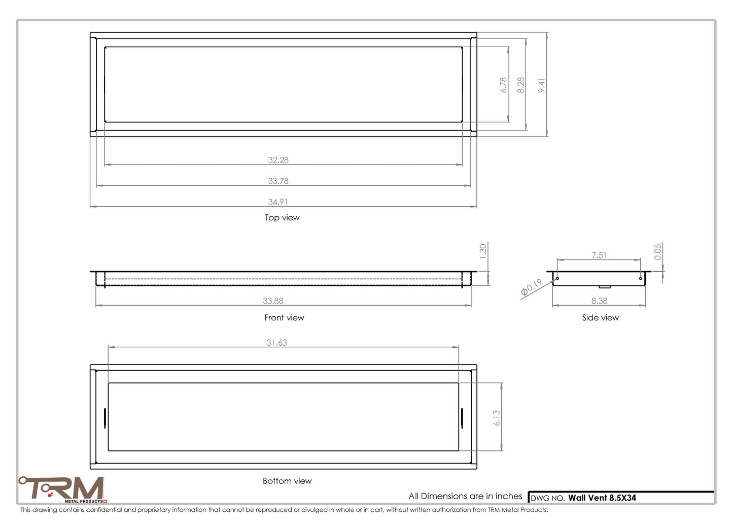 8.5x34 - Wall Vent - Modern Vent Cover -  Return Air Vent - TRM Metal  34x8.5