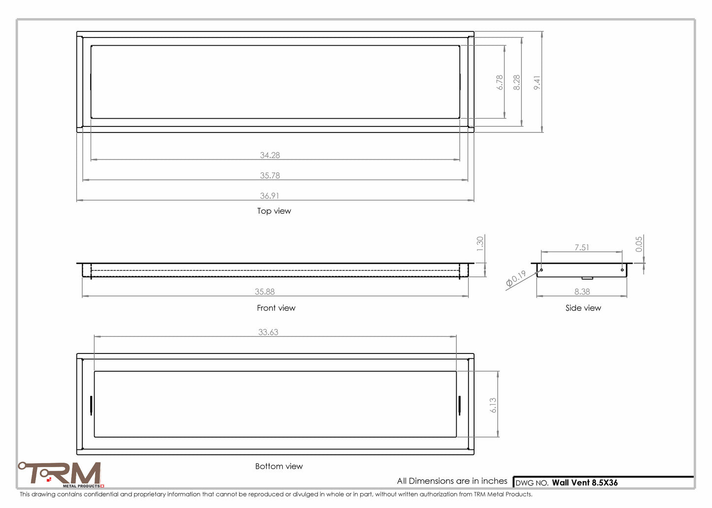 8.5x36 - Wall Vent - Modern Vent Cover -  Return Air Vent - TRM Metal  36x8.5