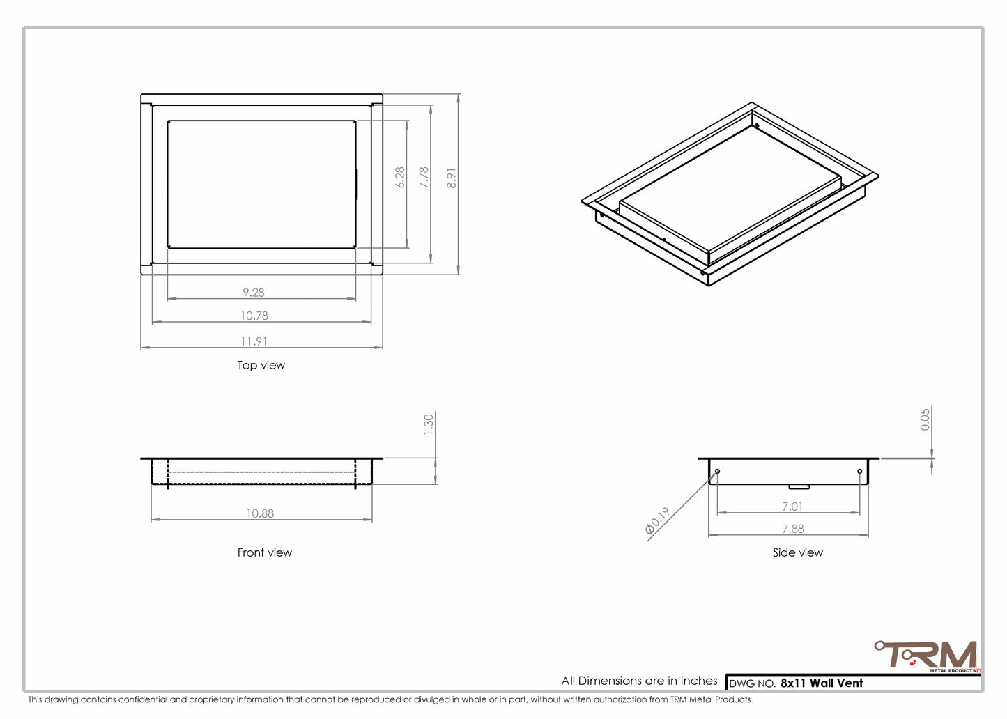8x11 - Wall Vent - Modern Vent Cover -  Return Air Vent - TRM Metal  11x8