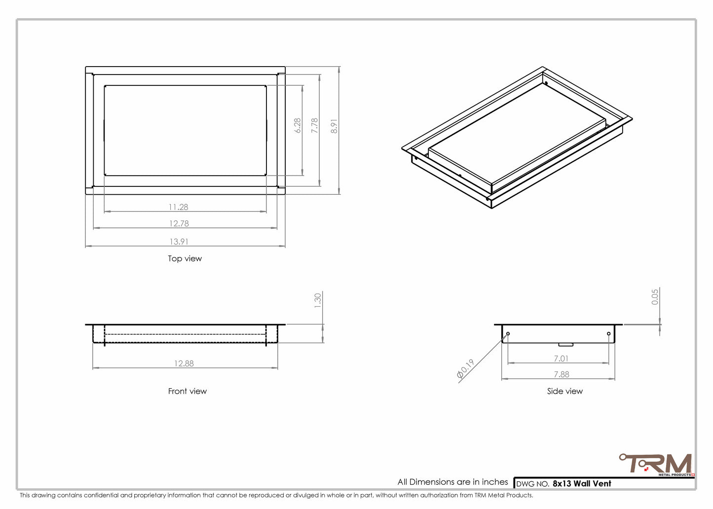 8x13 - Wall Vent - Modern Vent Cover -  Return Air Vent - TRM Metal  13x8