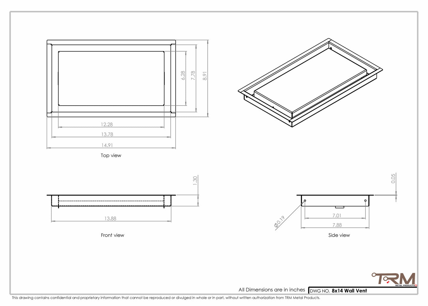 8x14 - Wall Vent - Modern Vent Cover -  Return Air Vent - TRM Metal  14x8
