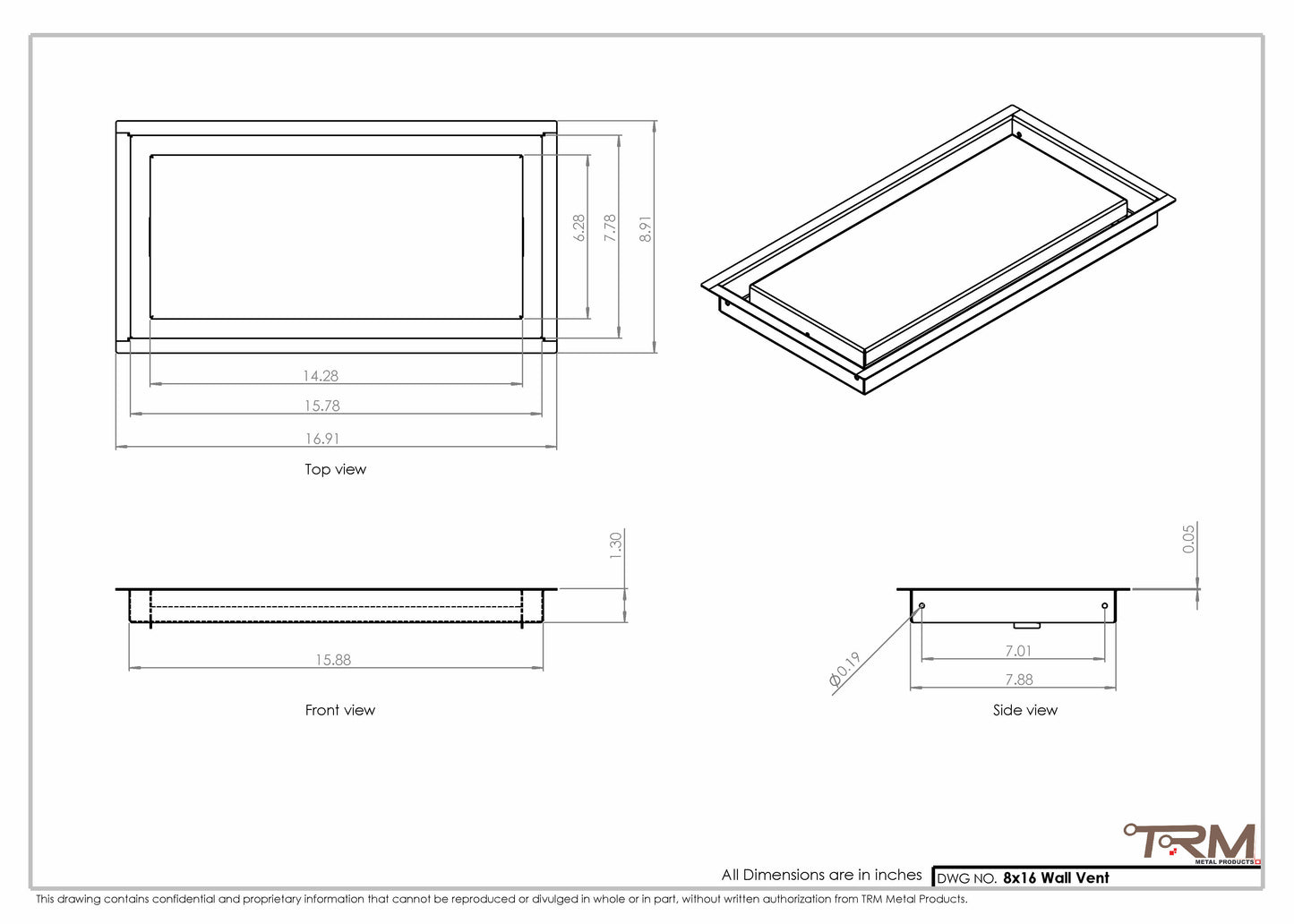 8x16 - Wall Vent - Modern Vent Cover -  Return Air Vent - TRM Metal  16x8