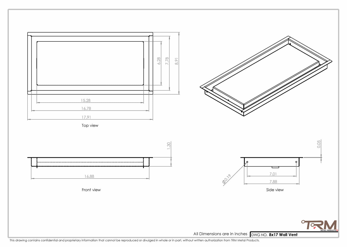 8x17 - Wall Vent - Modern Vent Cover -  Return Air Vent - TRM Metal  17x8
