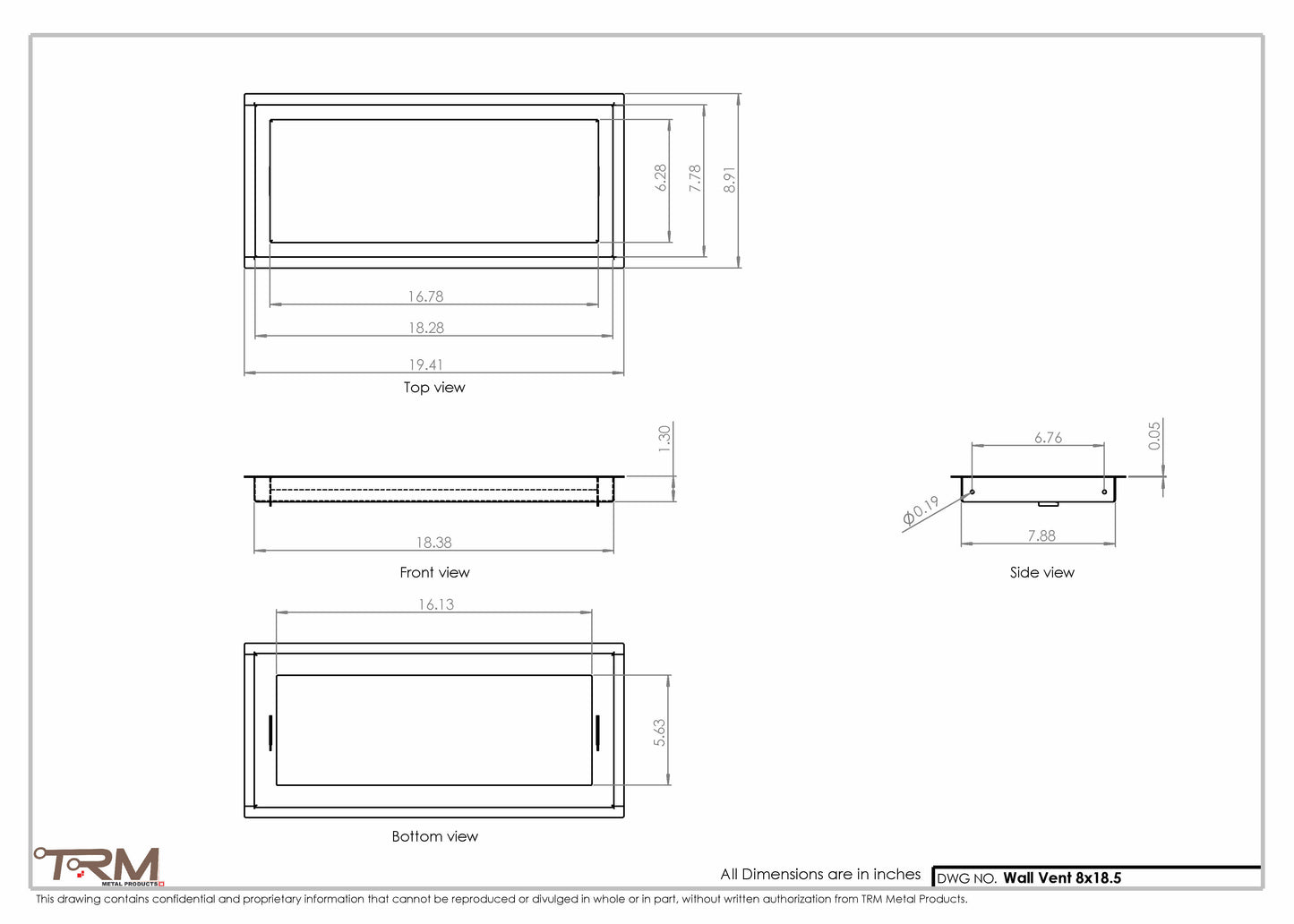 8x18.5 - Wall Vent - Modern Vent Cover -  Return Air Vent - TRM Metal  18.5x8