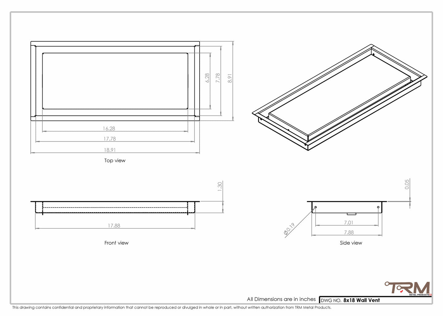 8x18 - Wall Vent - Modern Vent Cover -  Return Air Vent - TRM Metal  18x8