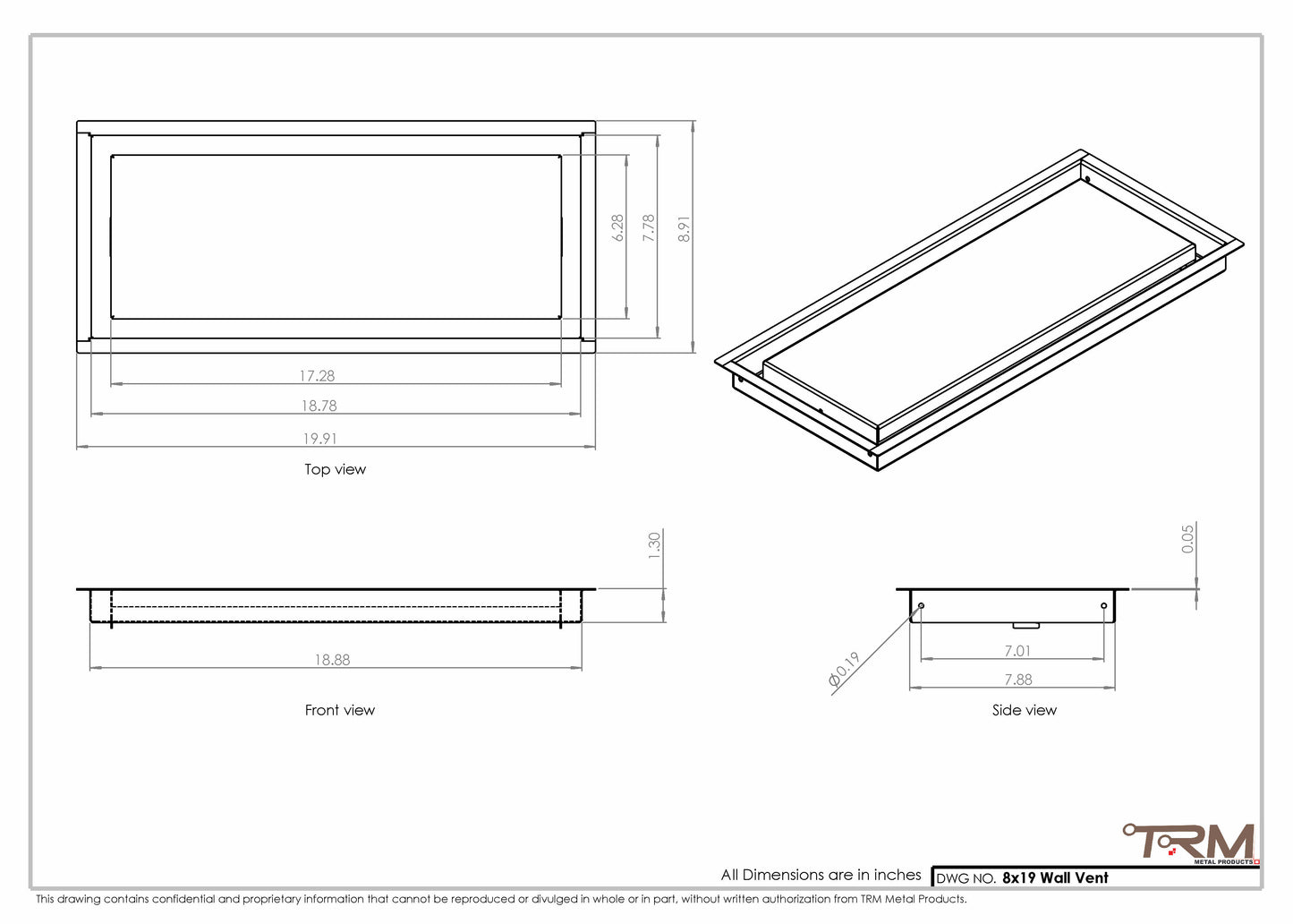 8x19 - Wall Vent - Modern Vent Cover -  Return Air Vent - TRM Metal  19x8