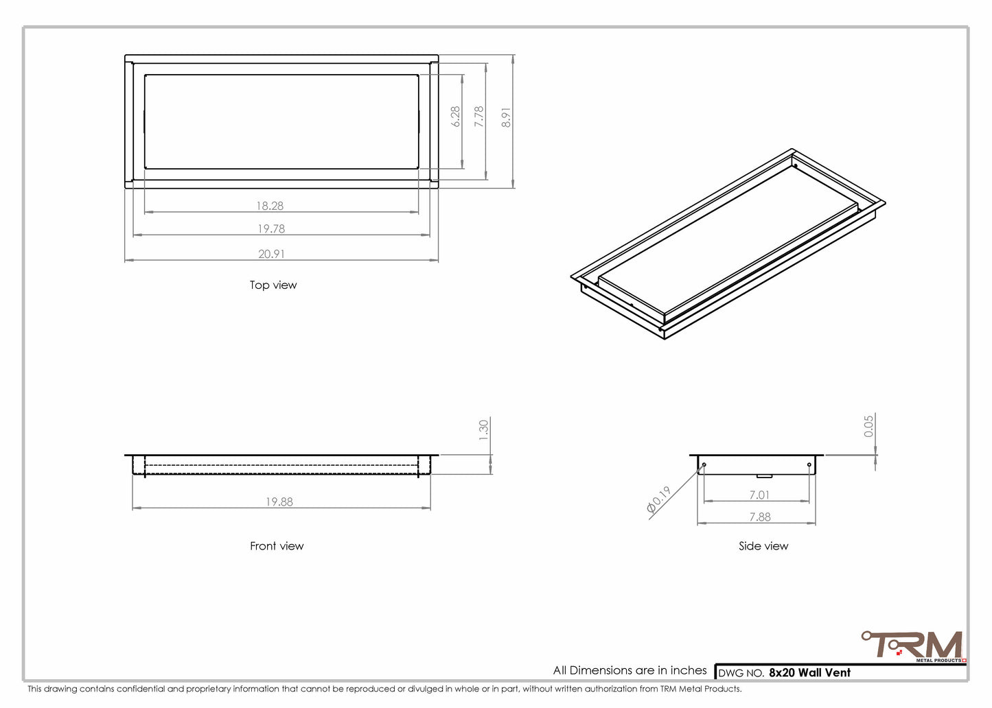 8x20 - Wall Vent - Modern Vent Cover -  Return Air Vent - TRM Metal  20x8