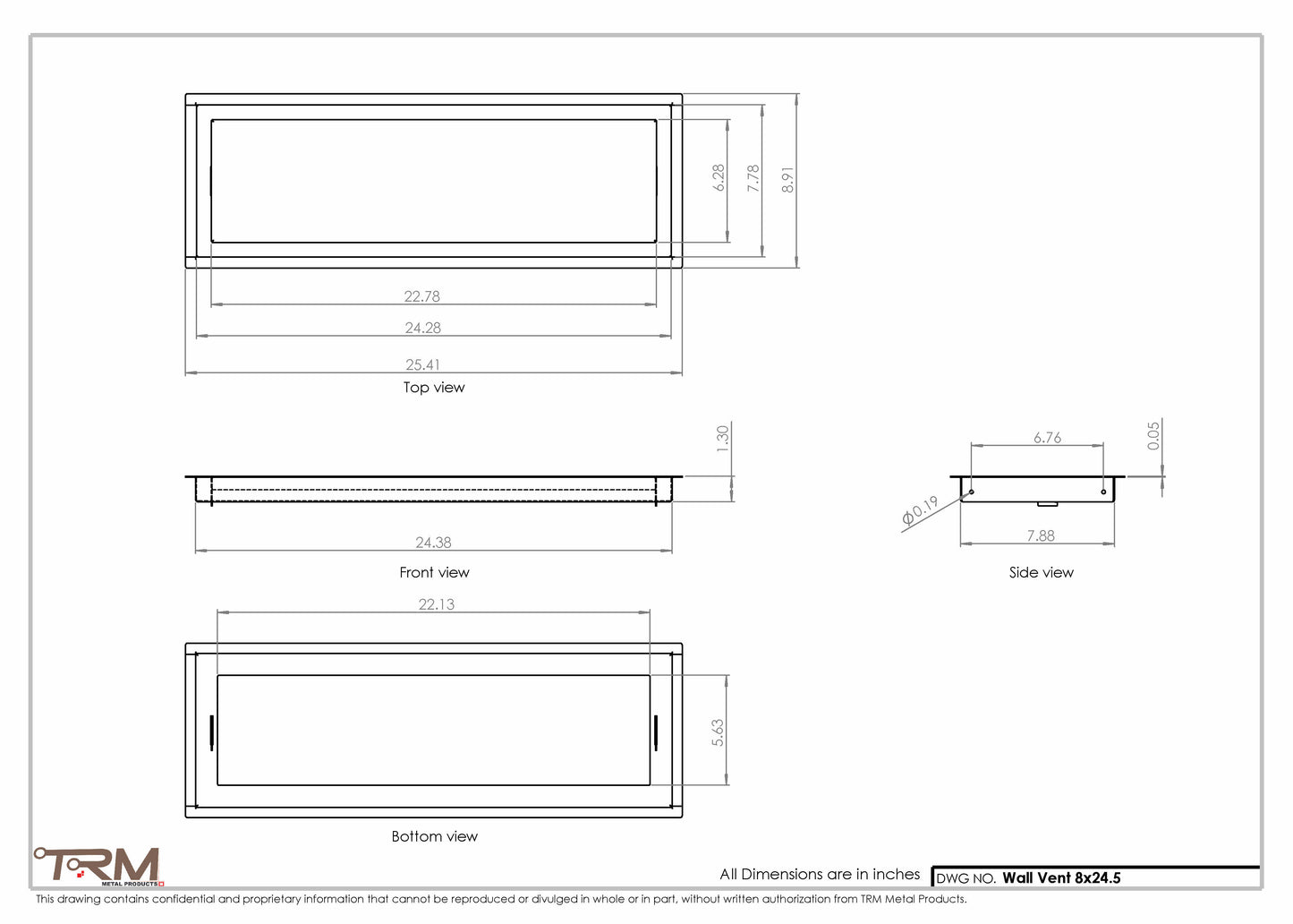 8x24.5 - Wall Vent - Modern Vent Cover -  Return Air Vent - TRM Metal  24.5x8